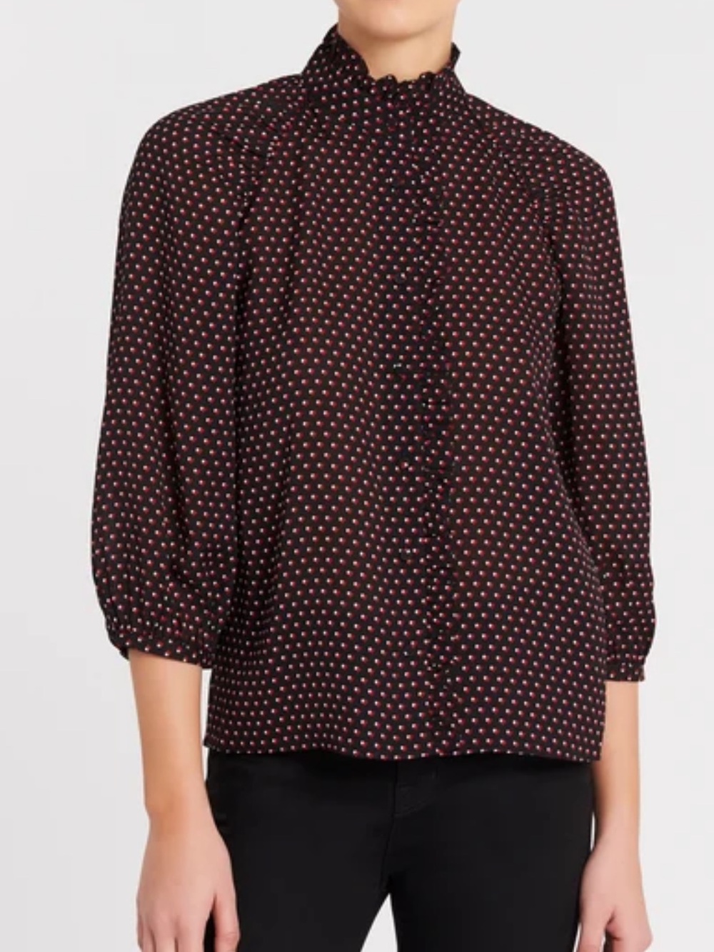 Frame Grace Heart Print Ruffle Trim Blouse in Noir Multi Size M